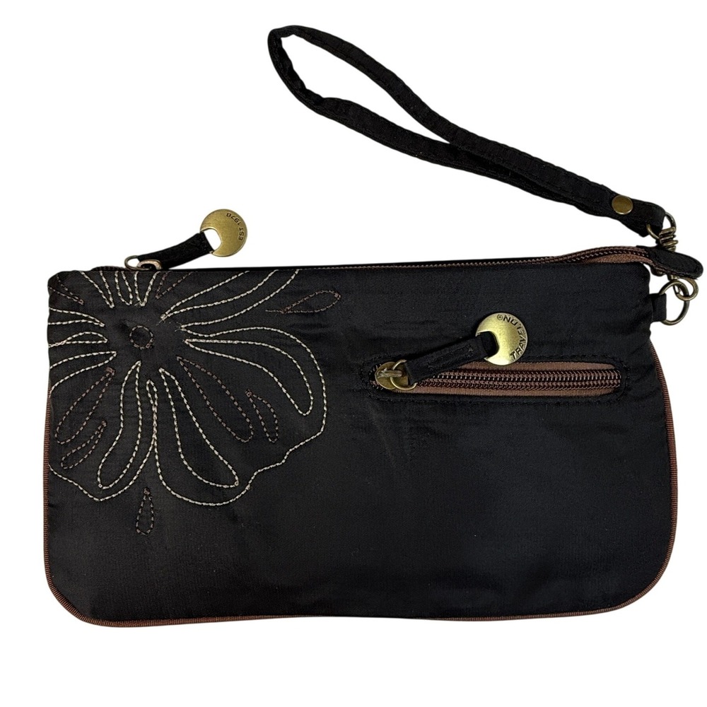 Travelon Black Nylon Floral Embroidered Wristlet Clutch Wallet Organizer Bag